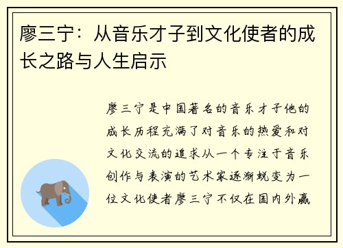 廖三宁：从音乐才子到文化使者的成长之路与人生启示
